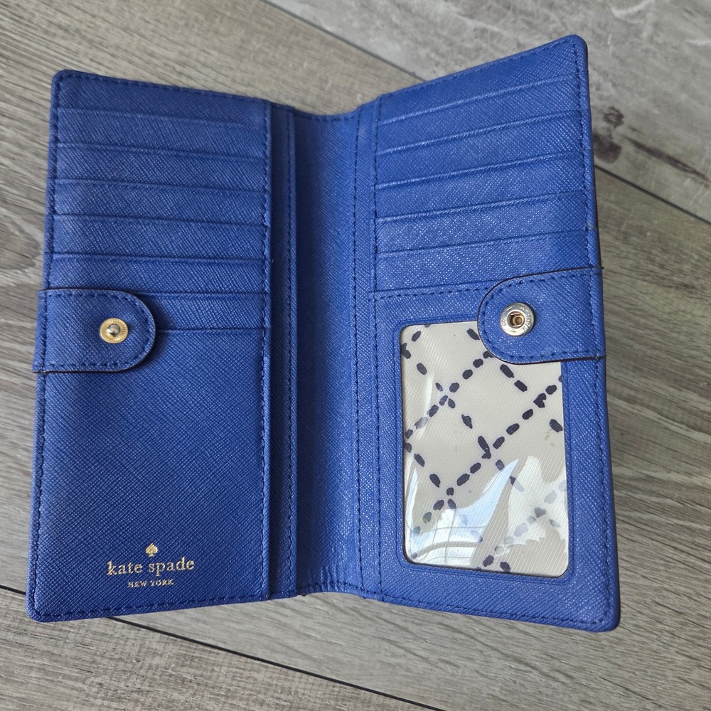 Kate Spade Wallet Bifold Slim Womens Blue Saffiano Leather Gold Logo Zip Pocket - Picture 3 of 11
